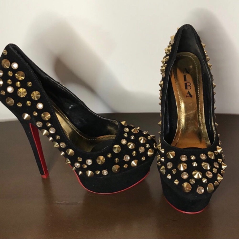 👀 Women Alba Black Suede Red Bottom Spiked Rhinestone High Heels Size 6.LN